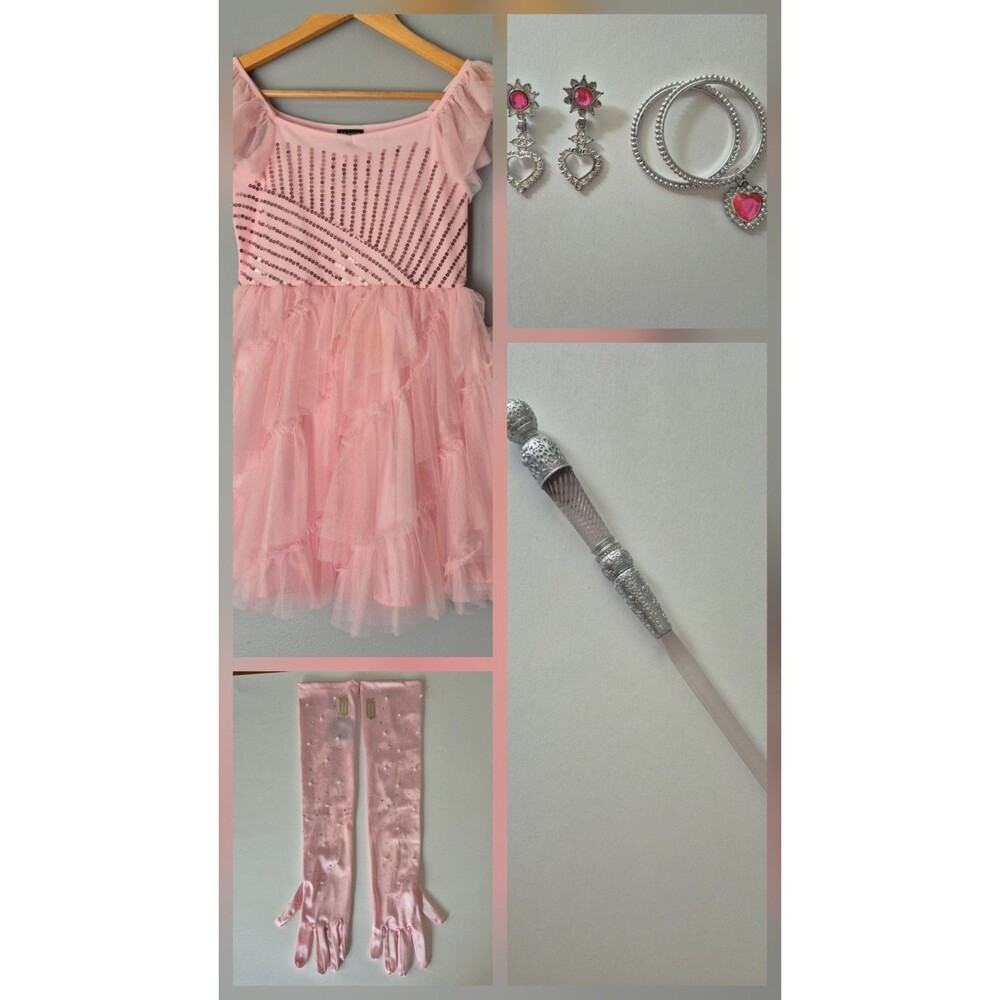 Universal Studios Wicked Glinda 6 PC Deluxe Costume Set Girls 10/12 Dress Gloves